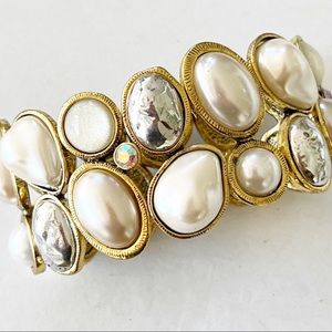 Chunky Wide Gold Tone Faux Pearl Stretch Bracelet Rhinestone Accents